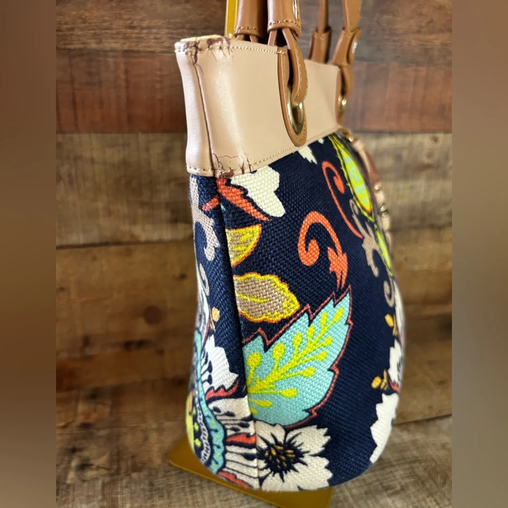 Spartina 449 Daufuskie Island Amelia Linen Leather Satchel Handbag Blue Floral